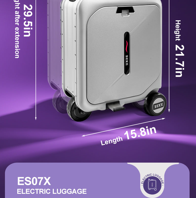 Silver electric luggage with dimensions on a purple background