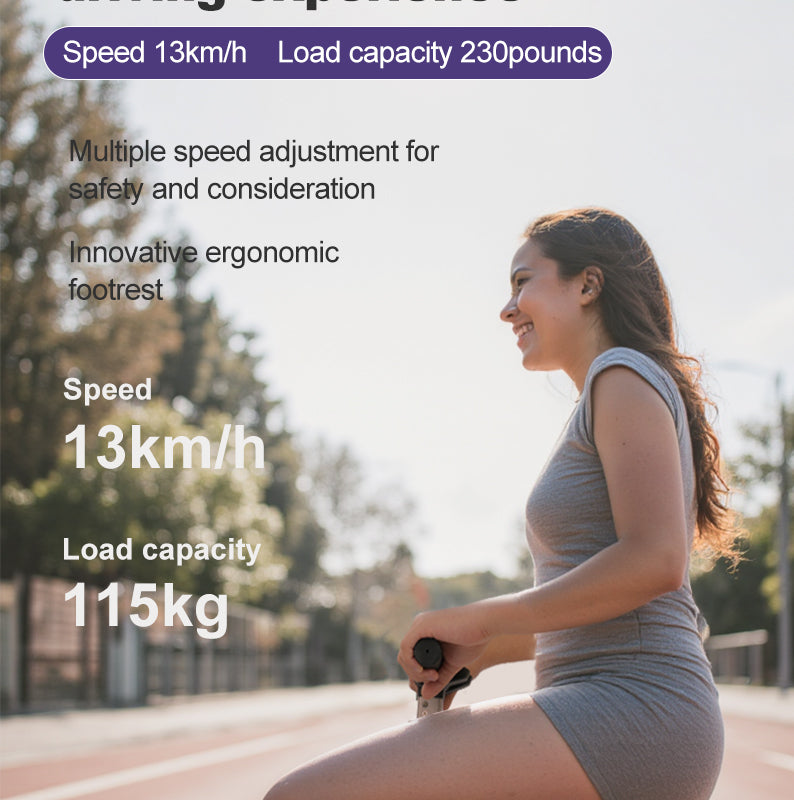 Woman sitting on a bench with fitness equipment, text about BEKE electric luggage speed and load capacity.
