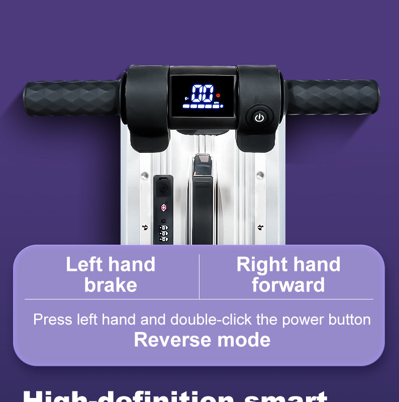 Handheld electronic luggage with digital display showing speed and battery remain on a purple background