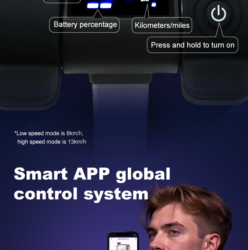 electric luggage dashboard with digital display and control buttons, featuring a smart app global control system.