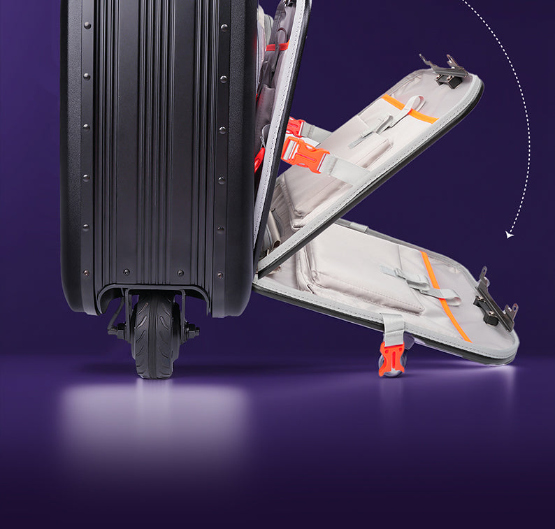 Black BEKE electric suitcase with an open compartment revealing a white garment on a purple background