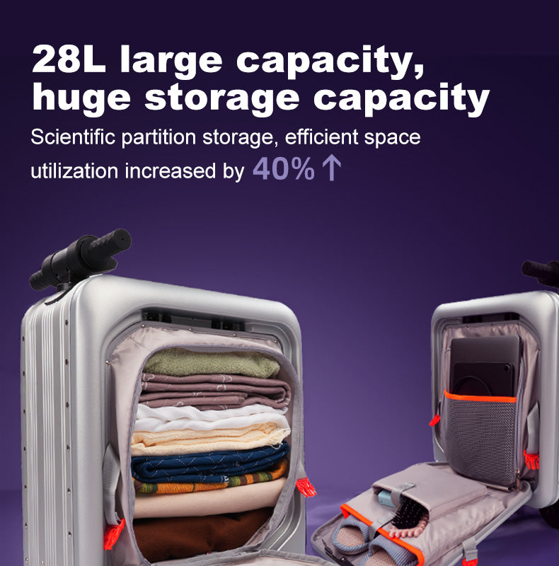 Open BEKE eletric luggage with very large number of folded clothes and Laptop with a tablet inside, on a purple background with text about large capacity and space utilization.