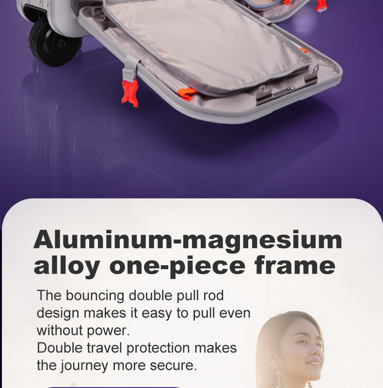 BEKE Electric Luggage with a text overlay about an aluminum-magnesium alloy frame on a purple background