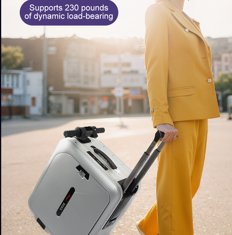 Person in a yellow suit pulling a BEKE electric silver suitcase on a street