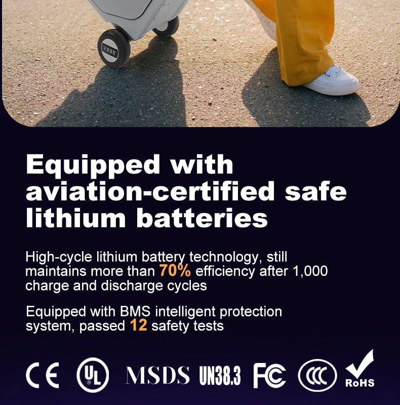 Person pushing a electric suitcase with text about aviation-certified safe lithium batteries and certification logos.