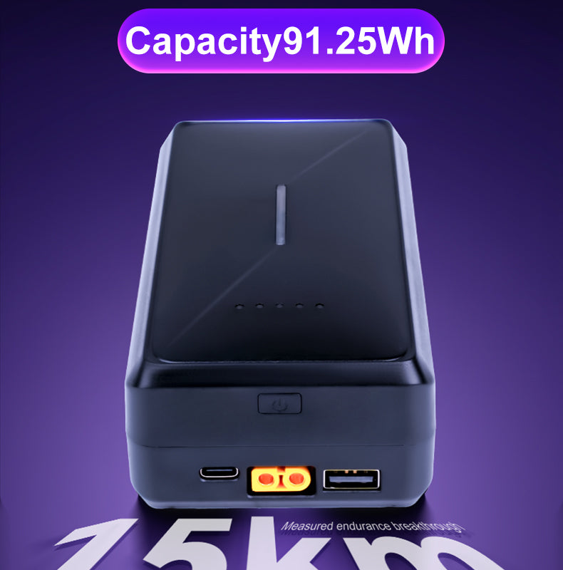 BEKE electronic luggage battery with USB and typec ports on a purple background, displaying 'Capacity 91.25Wh'.