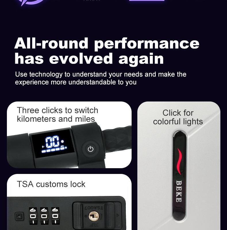 Product display with features and TSA customs lock branding BEKE electric luggage