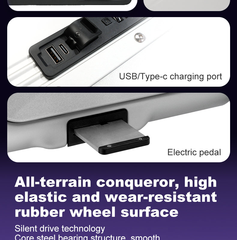 BEKE electric luggage with USB/Type-C charging port and electric pedal on a dark background