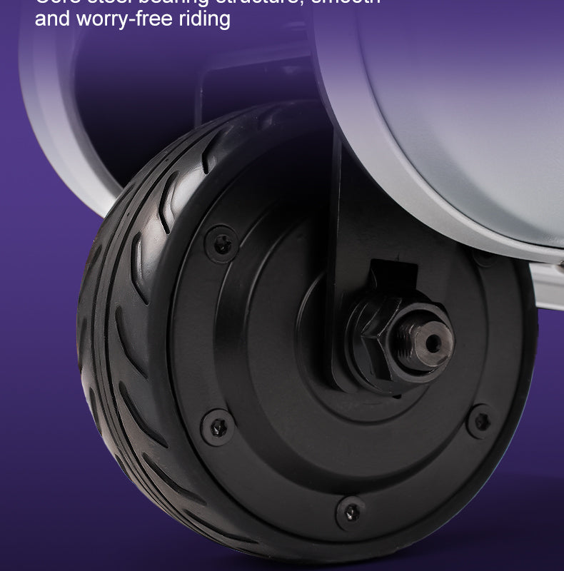 Close-up of a black BEKE electric luggage wheel with a purple background