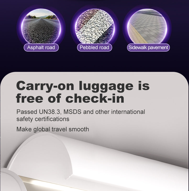 Advertisement for carry-on BEKE electric luggage with road types and safety certifications displayed.