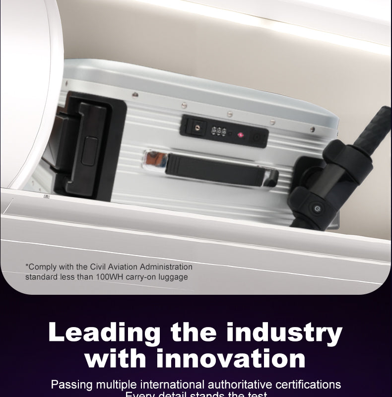 Close-up of a BEKE electric suitcase with electronic components and text about innovation and certification.