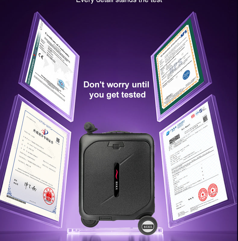 Black BEKE electric luggage suitcase with so many of  certification documents on a purple background