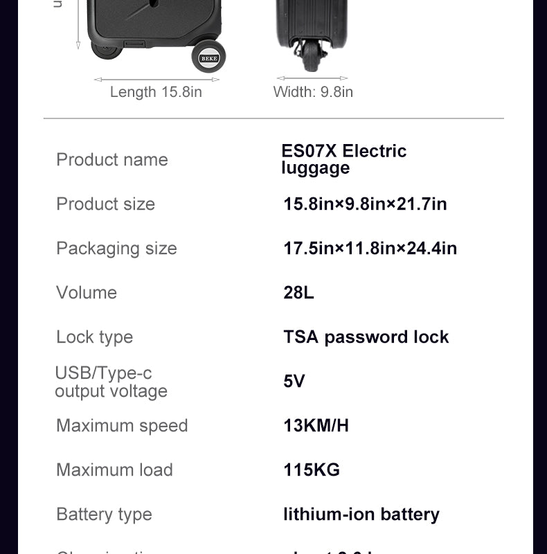 Product details of an BEKE ES07X electric luggage with specifications listed.