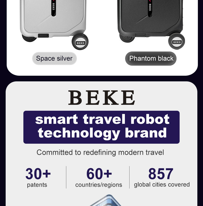 Two suitcases labeled 'Space silver' and 'Phantom black' with BEKE branding and travel robot technology information.