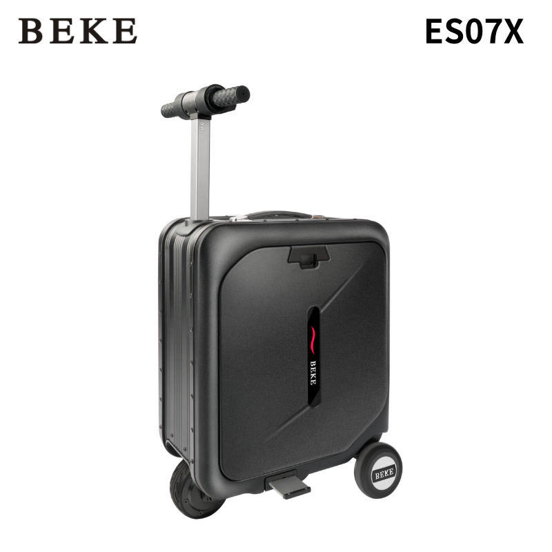 Black electronic suitcase with wheels and handle on a white background, featuring the brand 'BEKE' and model number 'ES07X'.