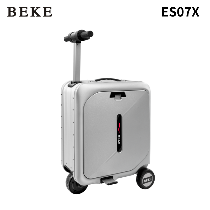 White Electronic suitcase with wheels and handle on a white background, featuring the brand 'BEKE'.